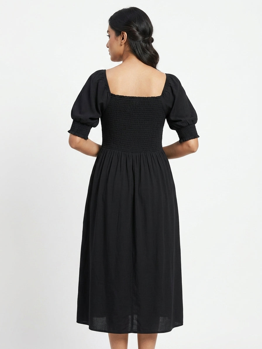Women's Black Smocked Square Neck Puff Sleeve Midi Dress