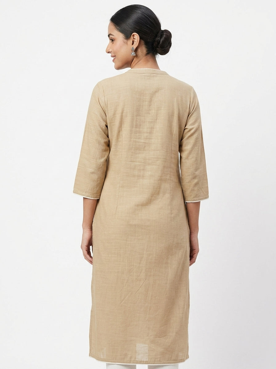 Beige Printed Cotton Straight Kurti