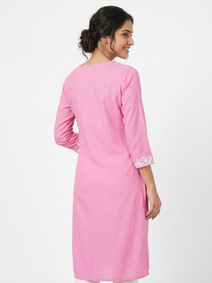 Women's Pink Embroidered Straight Kurti