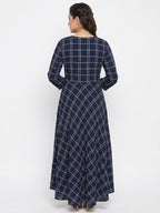 Women's Navy Blue Checked Flared Kurti with Embroidered Yoke
