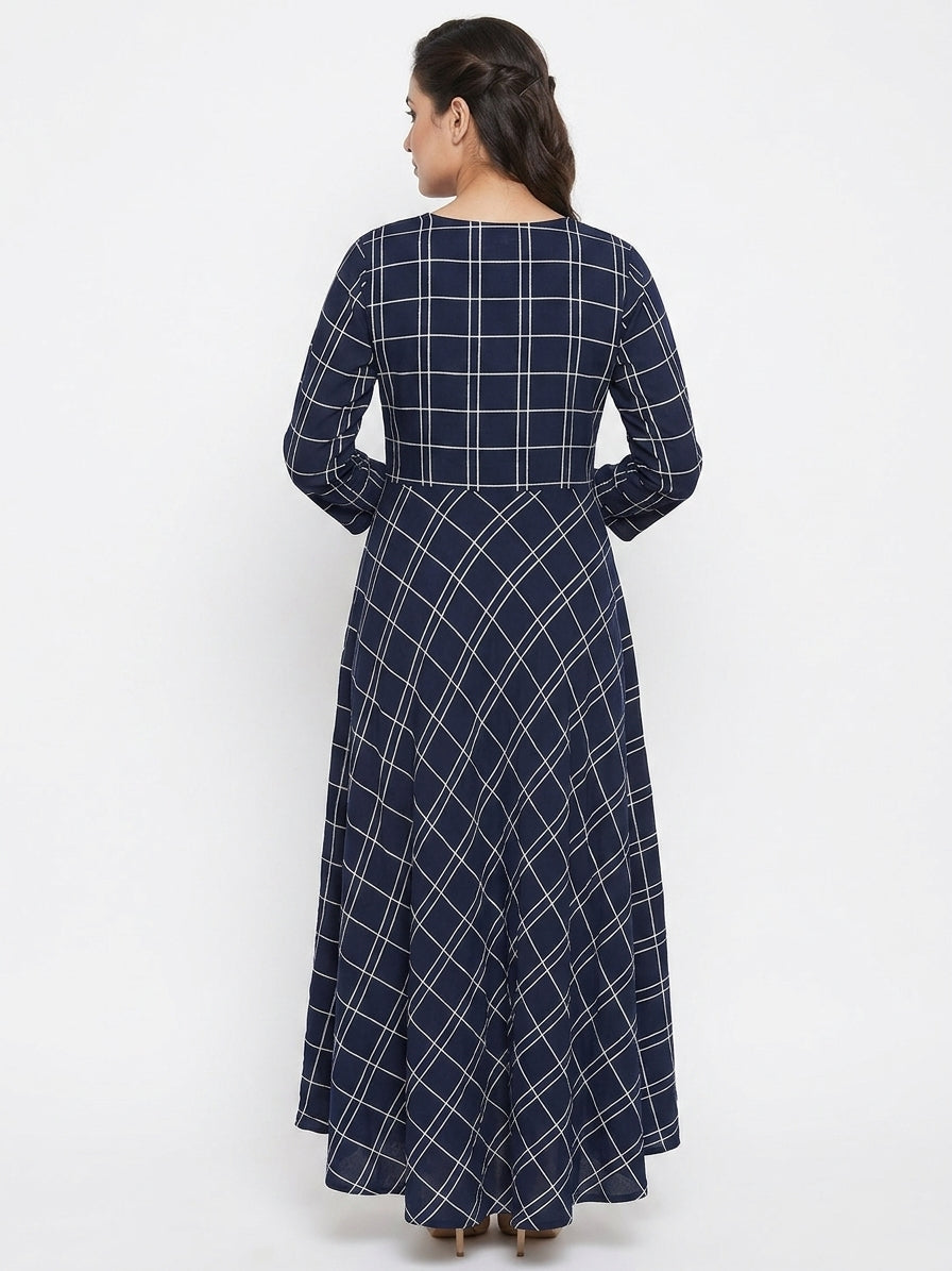 Women's Navy Blue Checked Flared Kurti with Embroidered Yoke