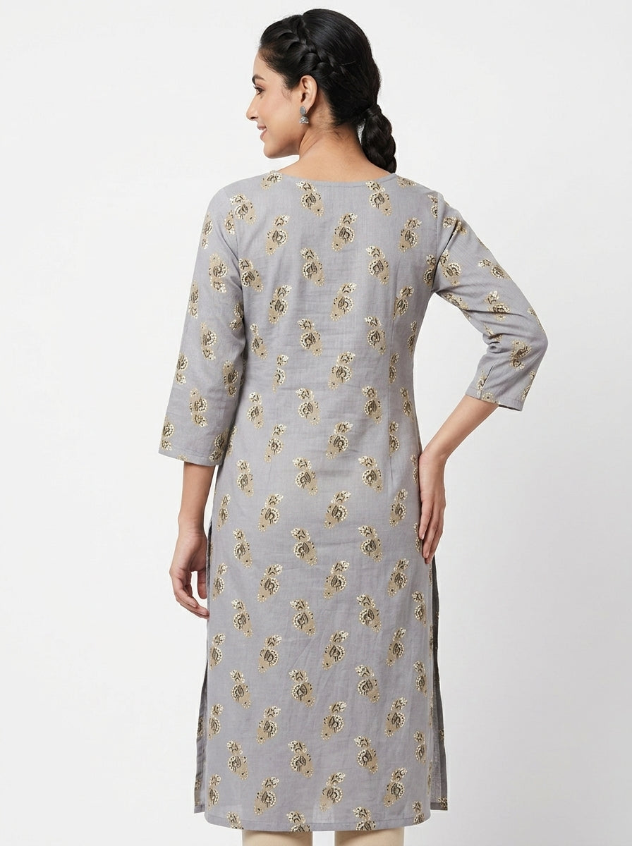 Women's Grey Printed Round Neck 3/4 Sleeve Kurti