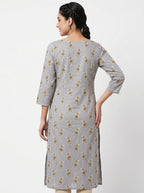Women's Grey Printed Round Neck 3/4 Sleeve Kurti