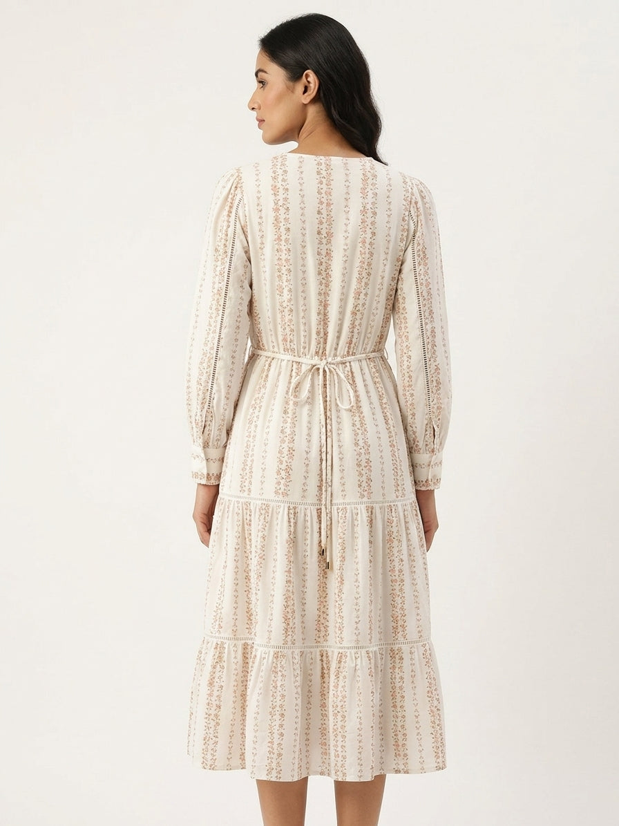 Off White Floral Print Tiered A-line Dress