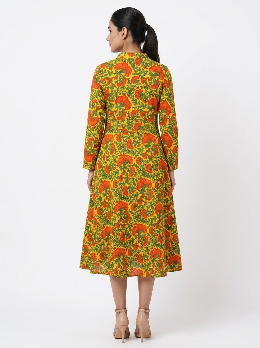Women's Yellow Floral Printed Flared Dress