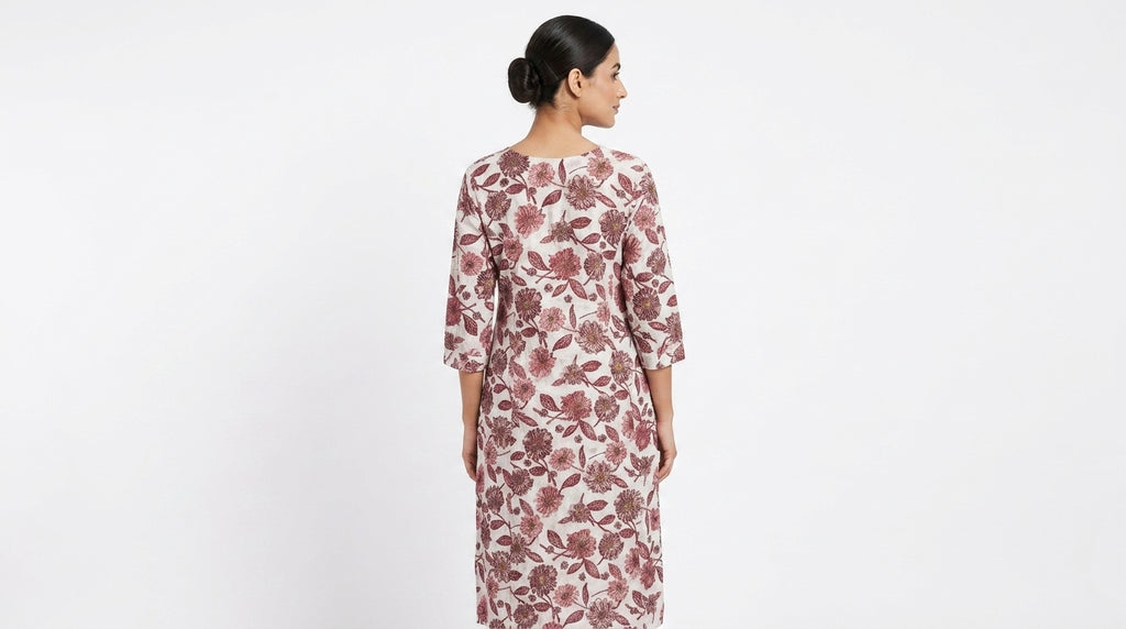 Off White & Maroon Floral Print Cotton Kurti