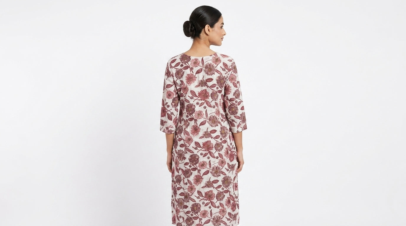 Off White & Maroon Floral Print Cotton Kurti