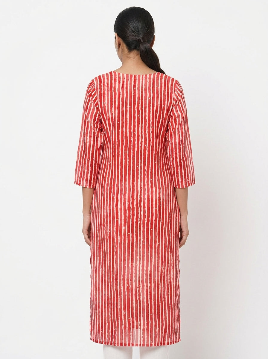 Red and White Striped Embellished Straight Kurti