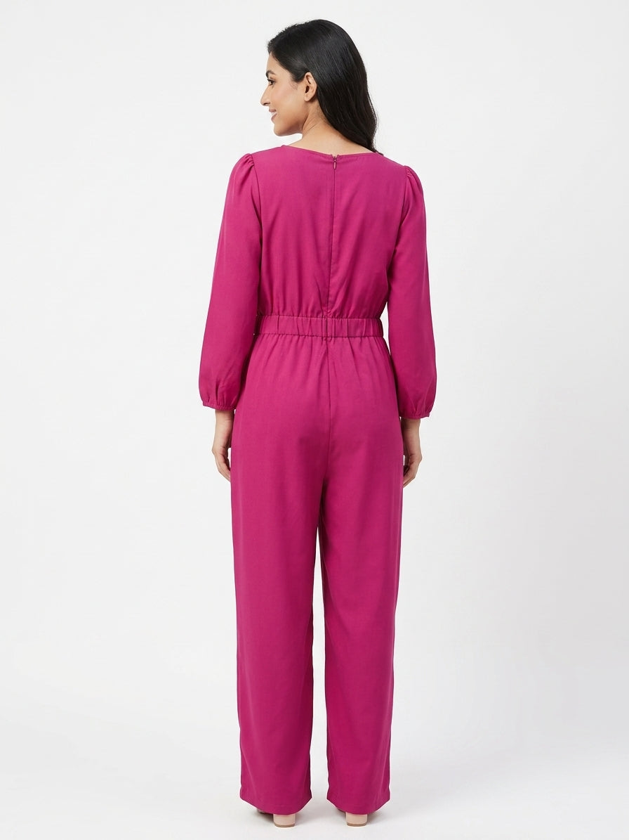 Magenta Solid Full Sleeve Jumpsuit