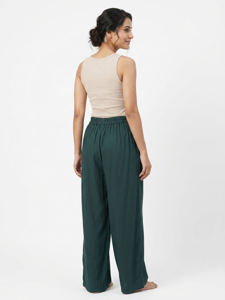 Dark Green Solid Relaxed Fit Palazzo Pants