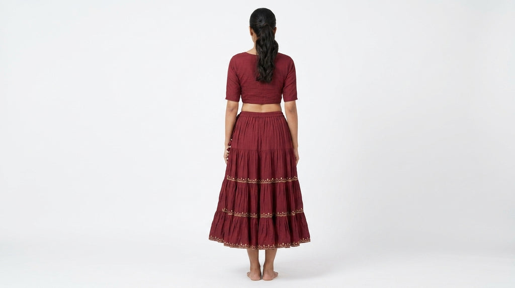 Maroon Embellished Flared Tiered Skirt