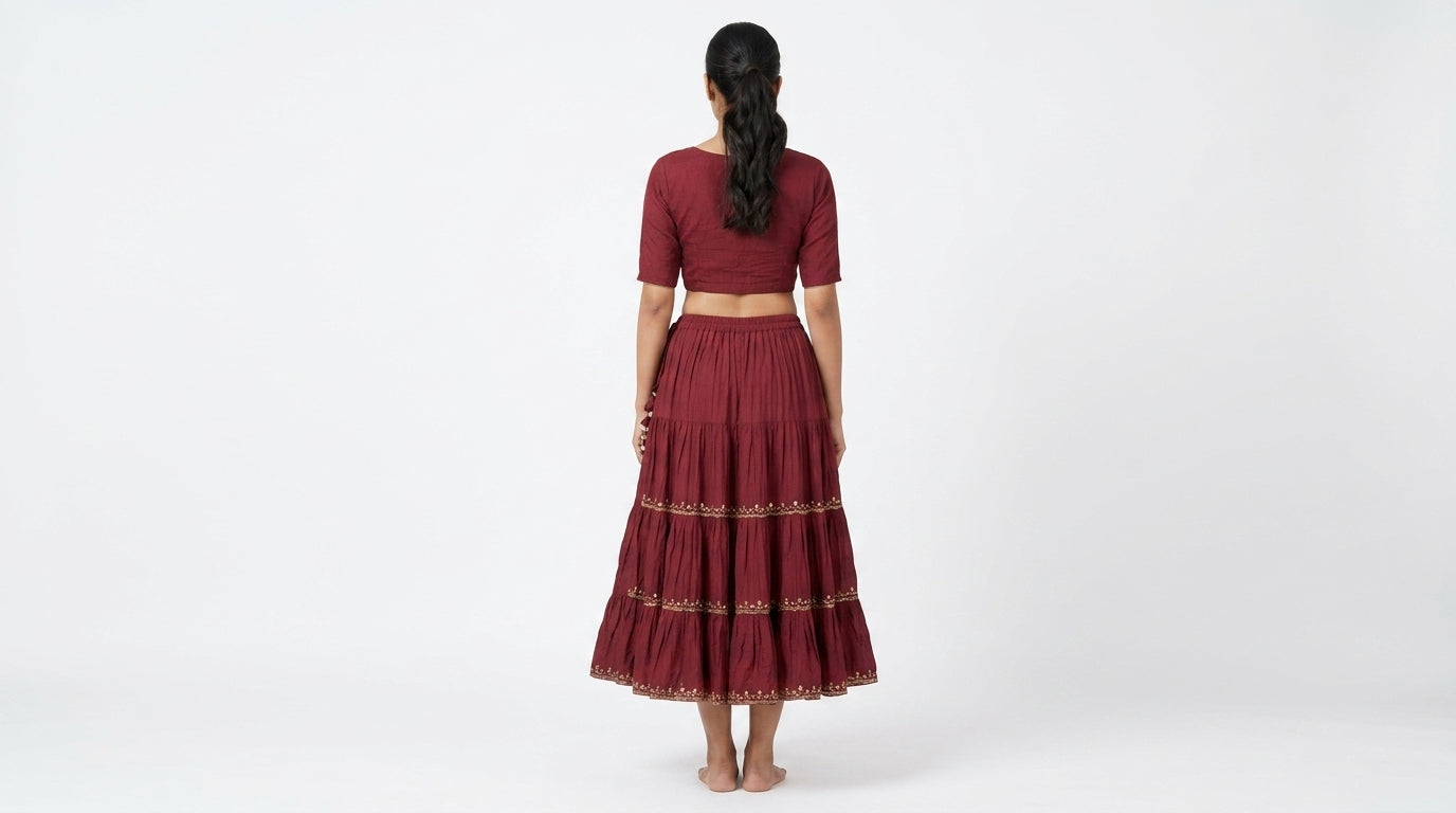 Maroon Embellished Flared Tiered Skirt