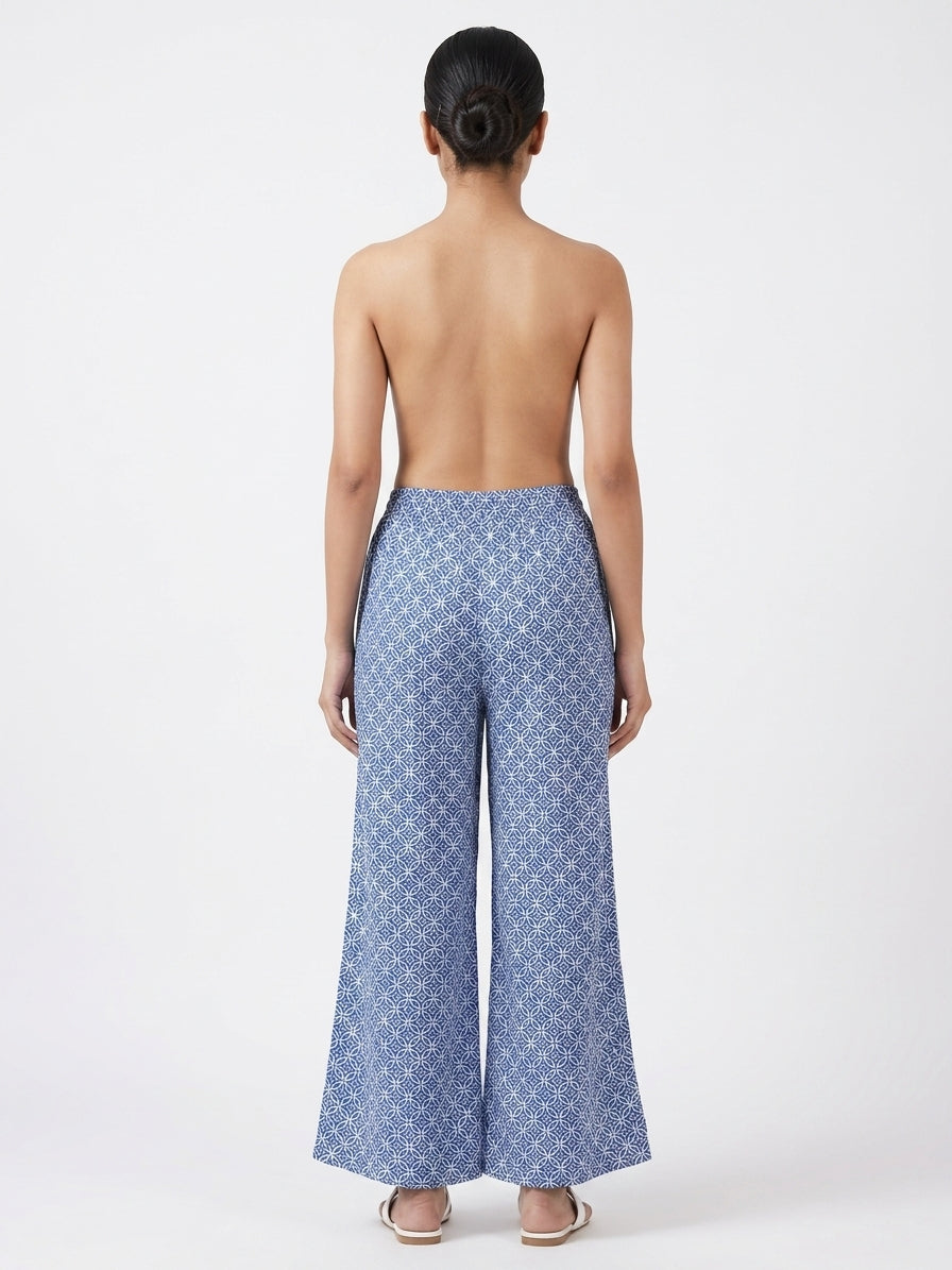 Blue Geometric Print Flared Rayon Palazzos