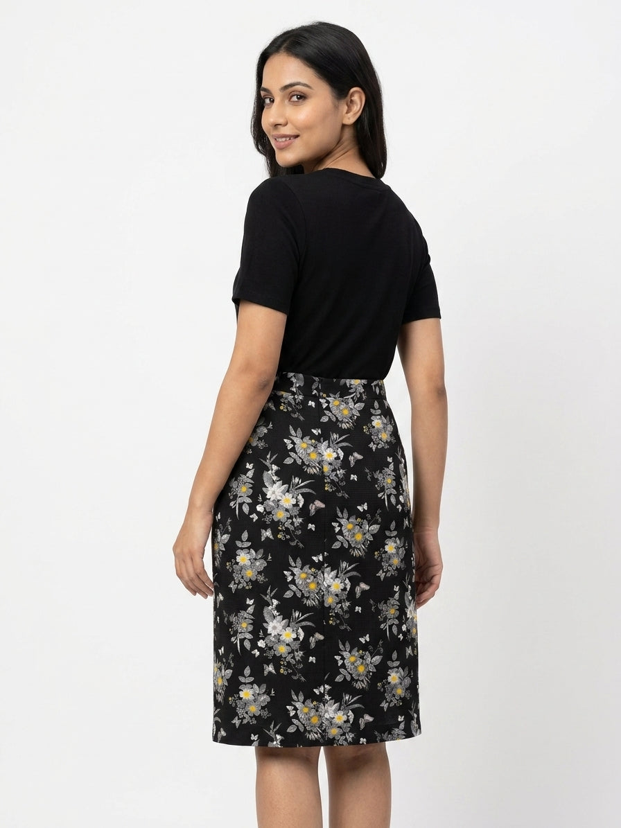 Black Floral Printed Casual Skirt