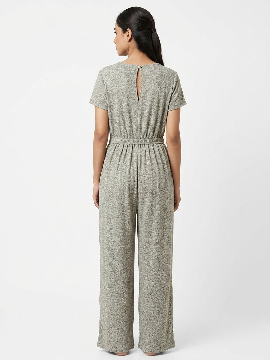 Women's Grey Textured Knit Short Sleeve Jumpsuit