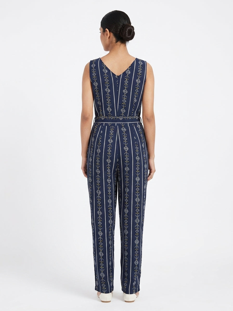 Navy Blue Ethnic Print Sleeveless Jumpsuit