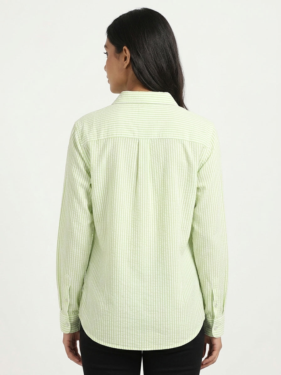 Light Green & White Striped Regular Fit Casual Shirt