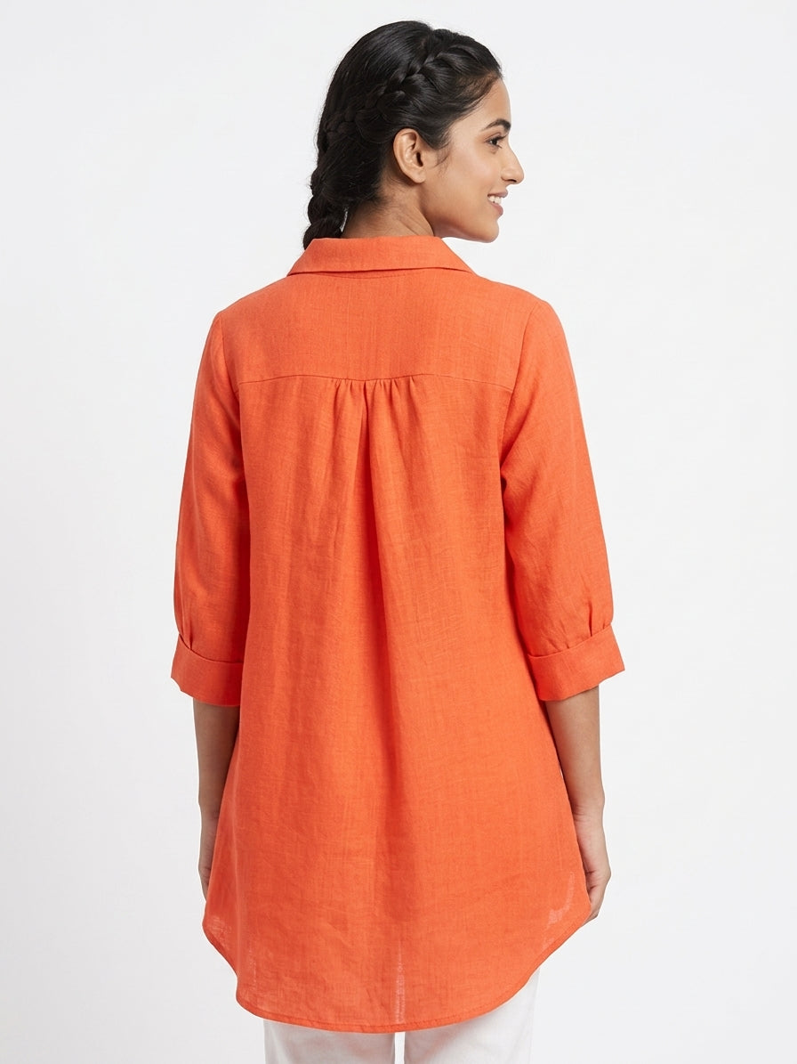 Orange Solid Relaxed Fit Linen Tunic Top