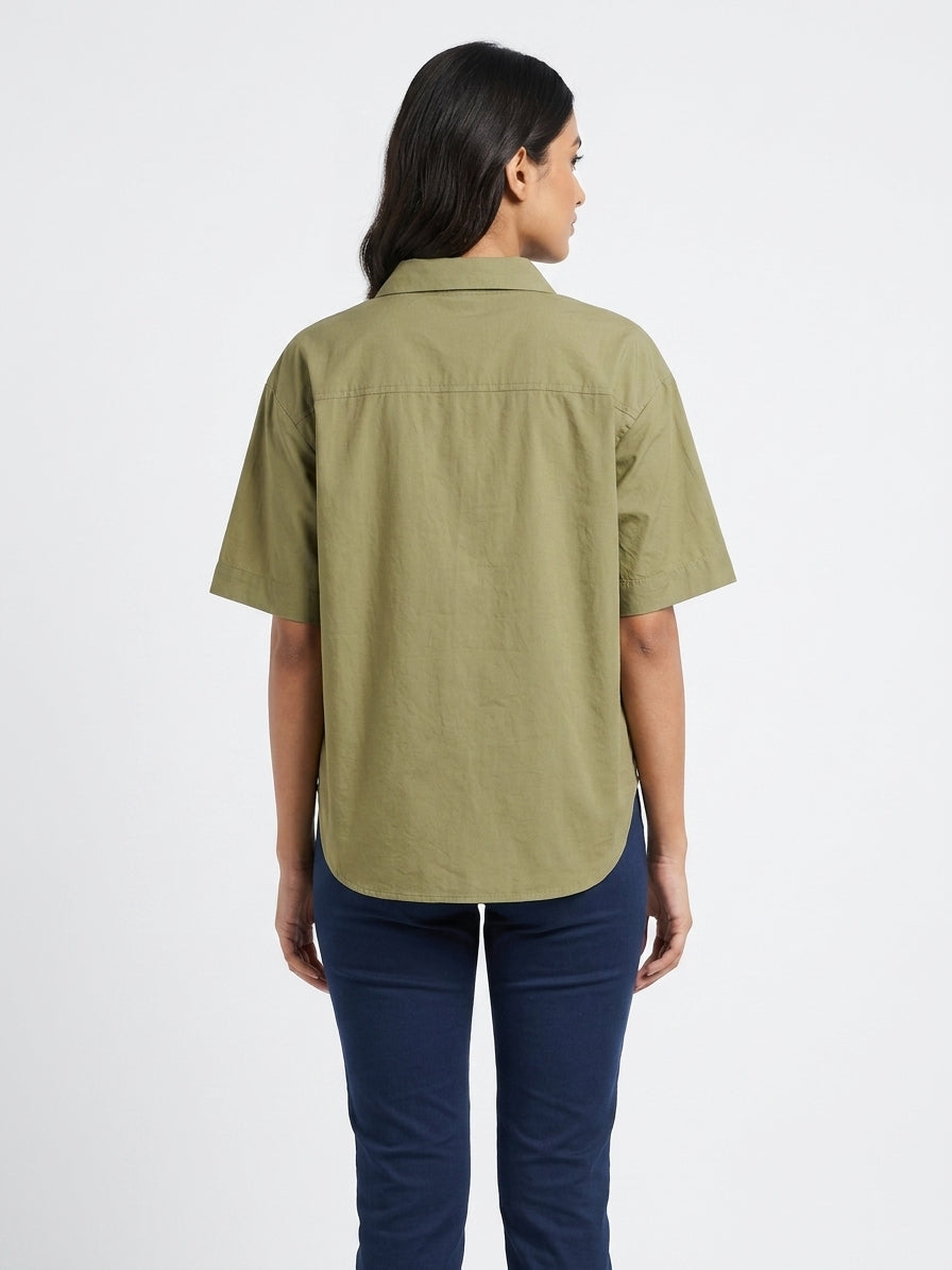 Women's Olive Solid Relaxed Fit Casual Shirt