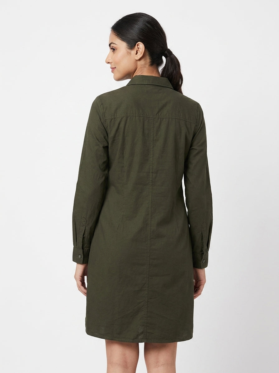 Dark Green Casual Button-Down Shirt Dress