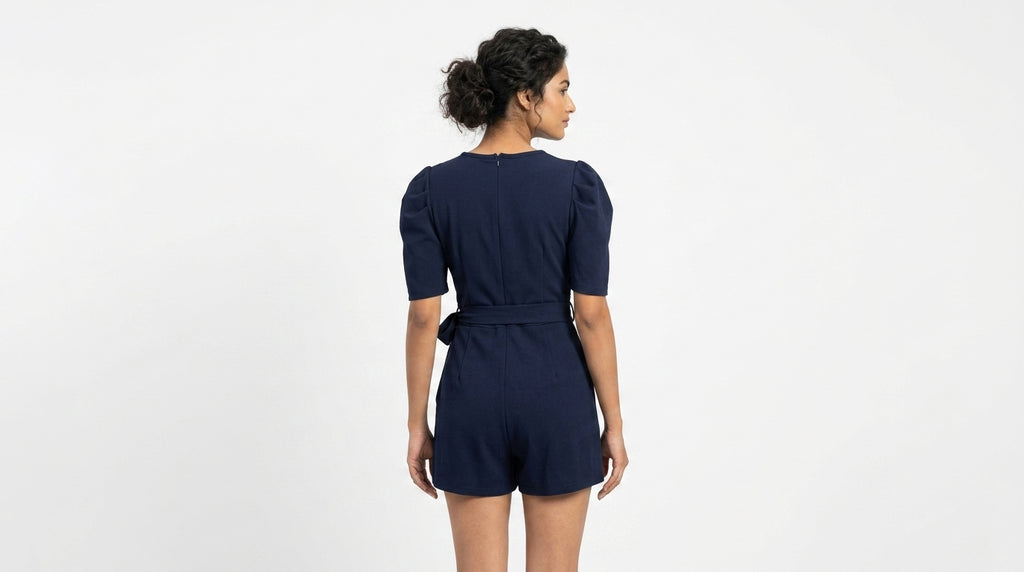 Women's Navy Solid Puff Sleeve Romper with Tie-Up Waist
