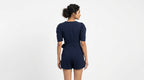 Women's Navy Solid Puff Sleeve Romper with Tie-Up Waist