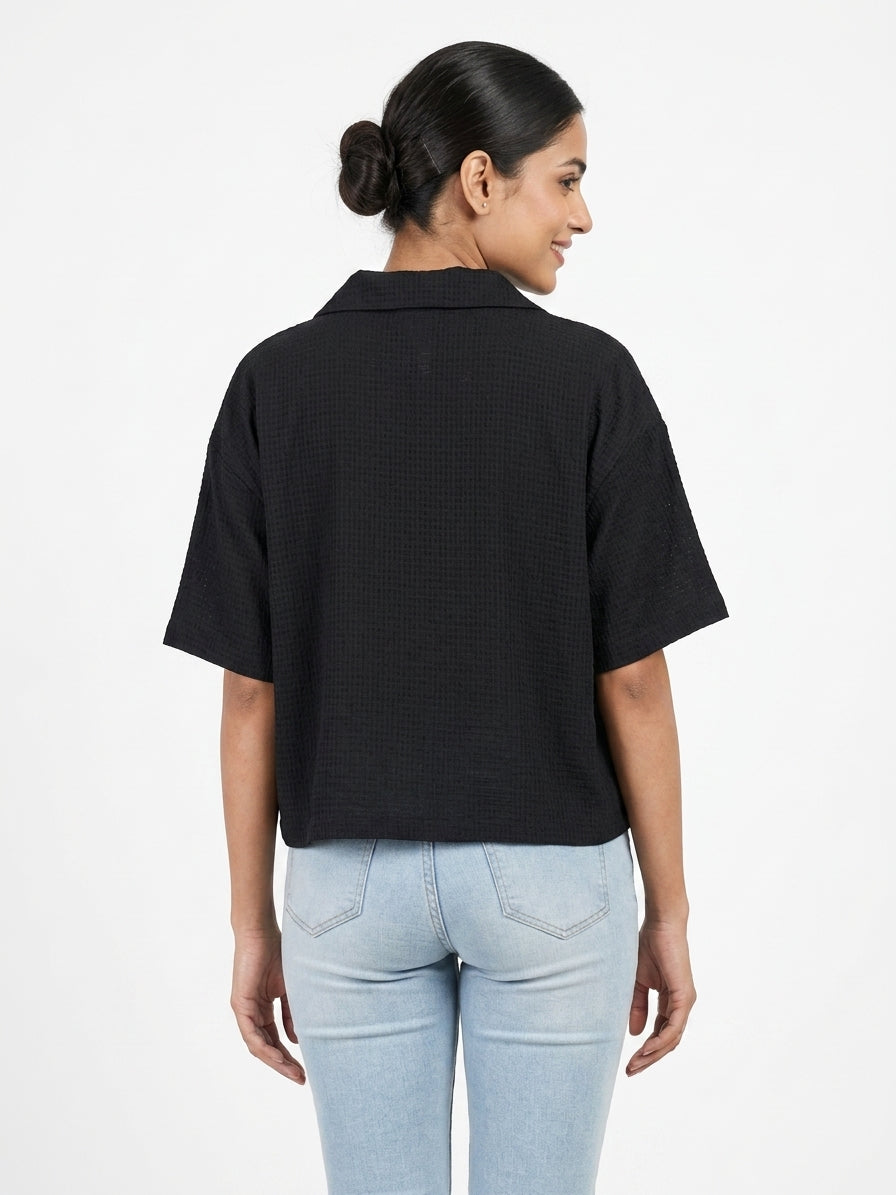 Black Textured Relaxed Fit Casual Shirt