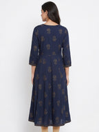 Women's Navy Blue Ethnic Print Flared Kurti