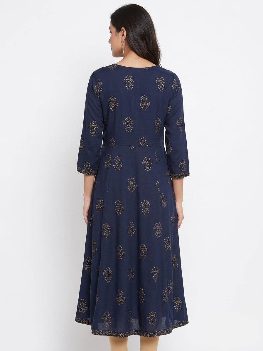 Women's Navy Blue Ethnic Print Flared Kurti