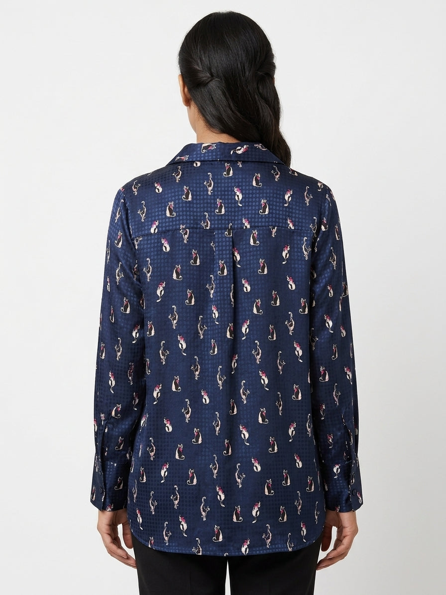 Women's Navy Blue Animal Print Casual Shirt