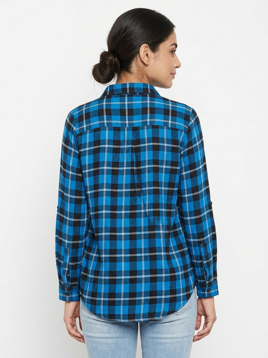 Blue & Black Checkered Regular Fit Casual Shirt