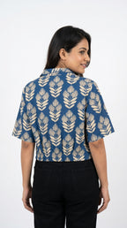 Blue Botanical Print Cropped Casual Shirt