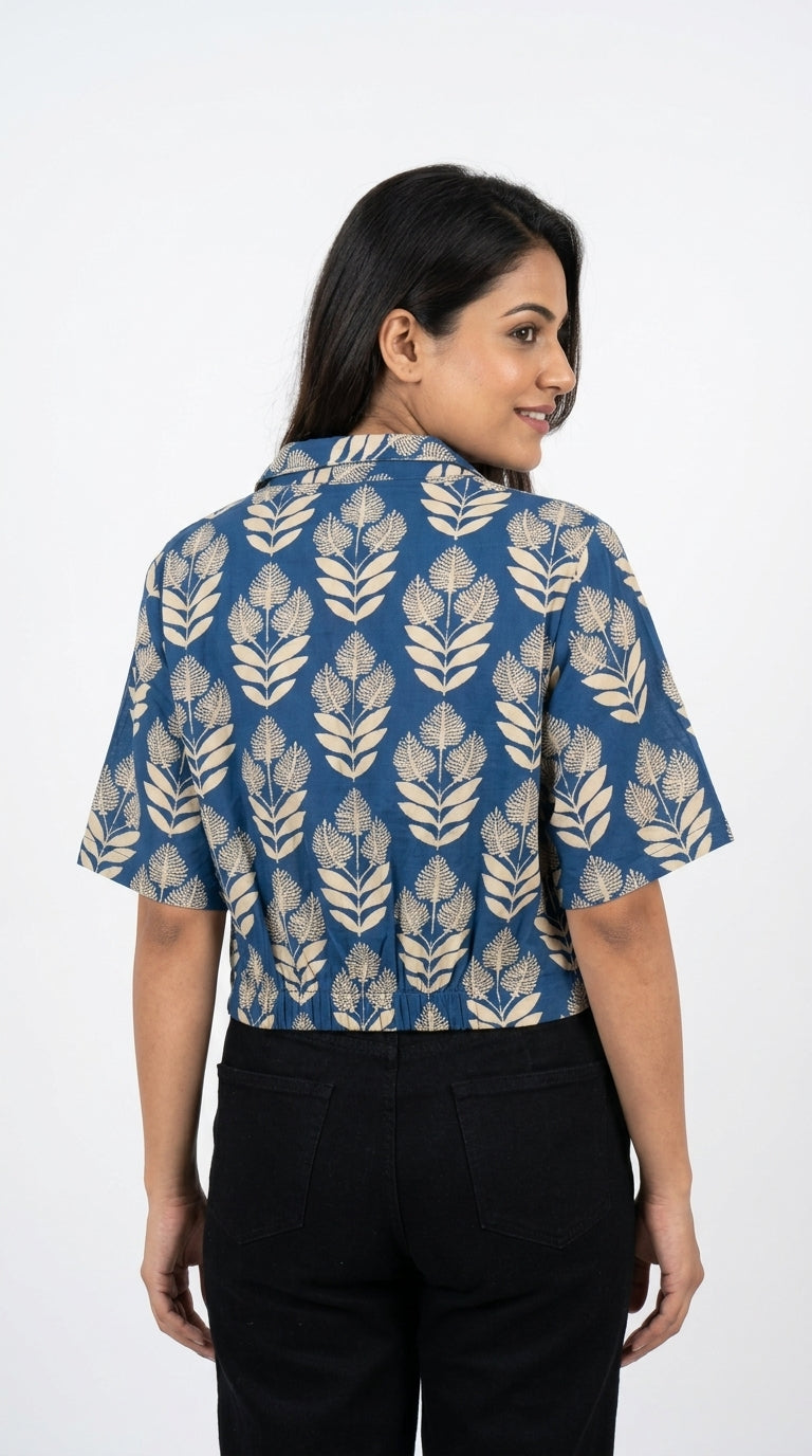 Blue Botanical Print Cropped Casual Shirt