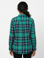 Green and Navy Plaid Casual Button-Up Shirt