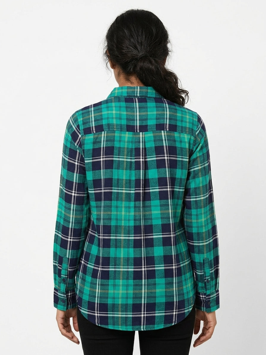 Green and Navy Plaid Casual Button-Up Shirt