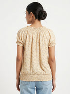 Women's Beige Floral Print Smocked Casual Top