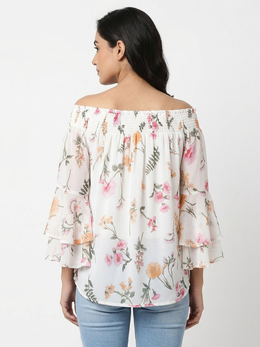 Women's Off White Floral Printed Smocked Top