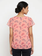 Women's Peach Printed Butterfly Relaxed Fit Top
