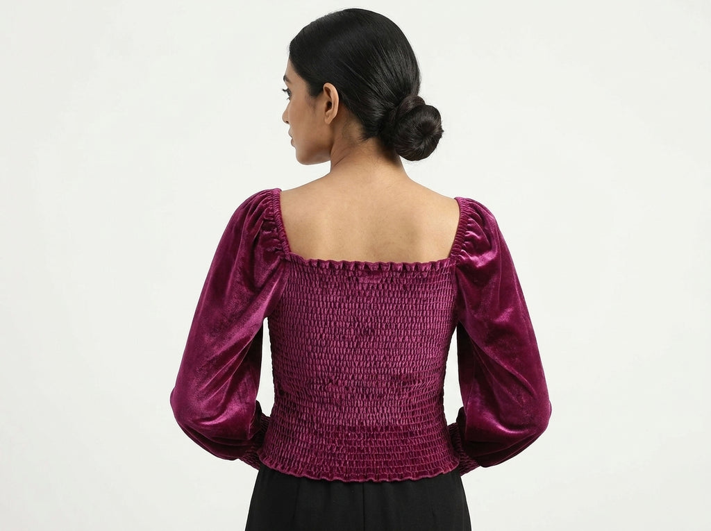 Women's Wine Velvet Smocked Square Neck Top