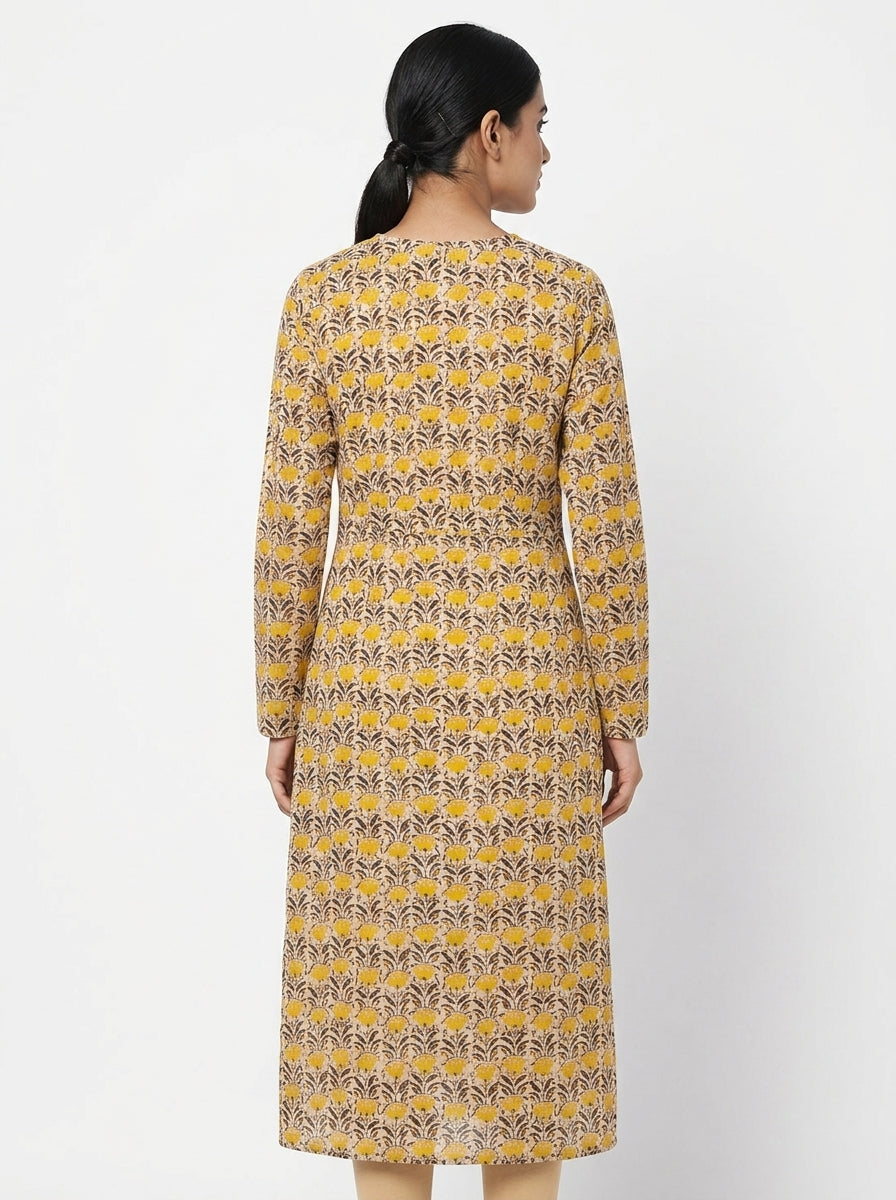Women's Yellow Floral Printed Cotton Kurti