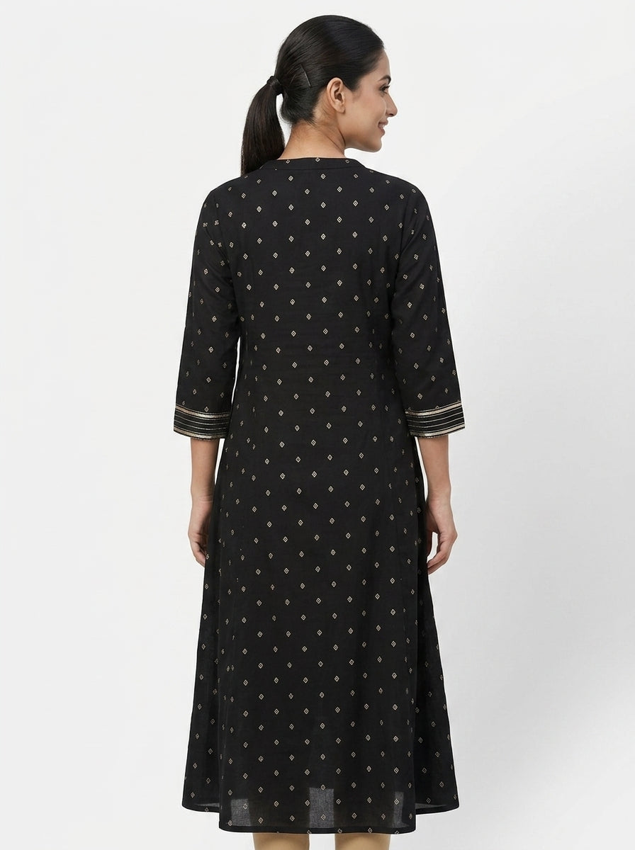 Women's Black Viscose Ethnic Printed Flared Kurti