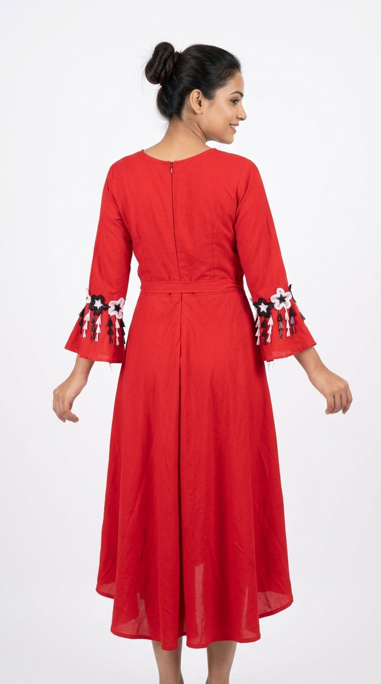 Red Flared Dress with Embellished Sleeves