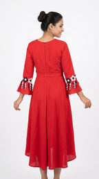 Red Flared Dress with Embellished Sleeves
