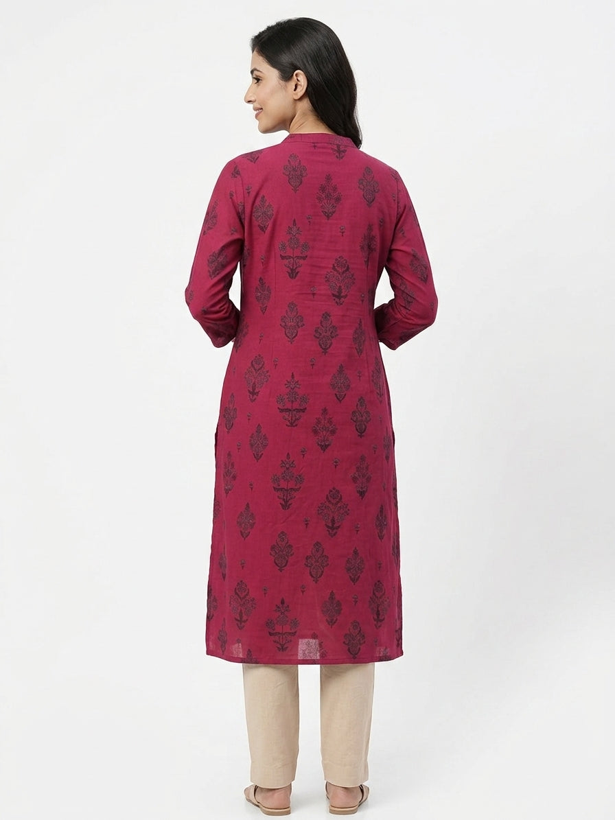 Women's Wine Ethnic Printed Long Kurti