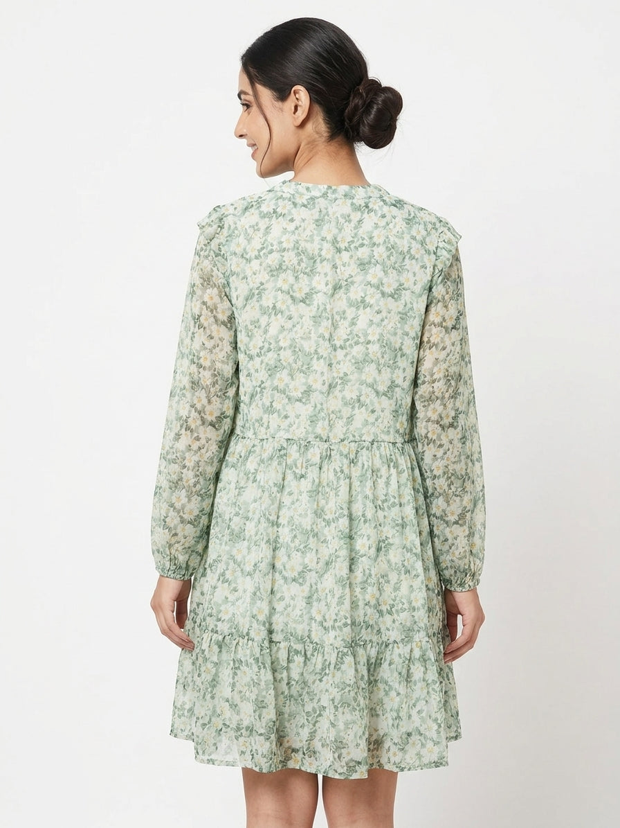 Light Green Floral Printed Relaxed Fit Tiered Dress