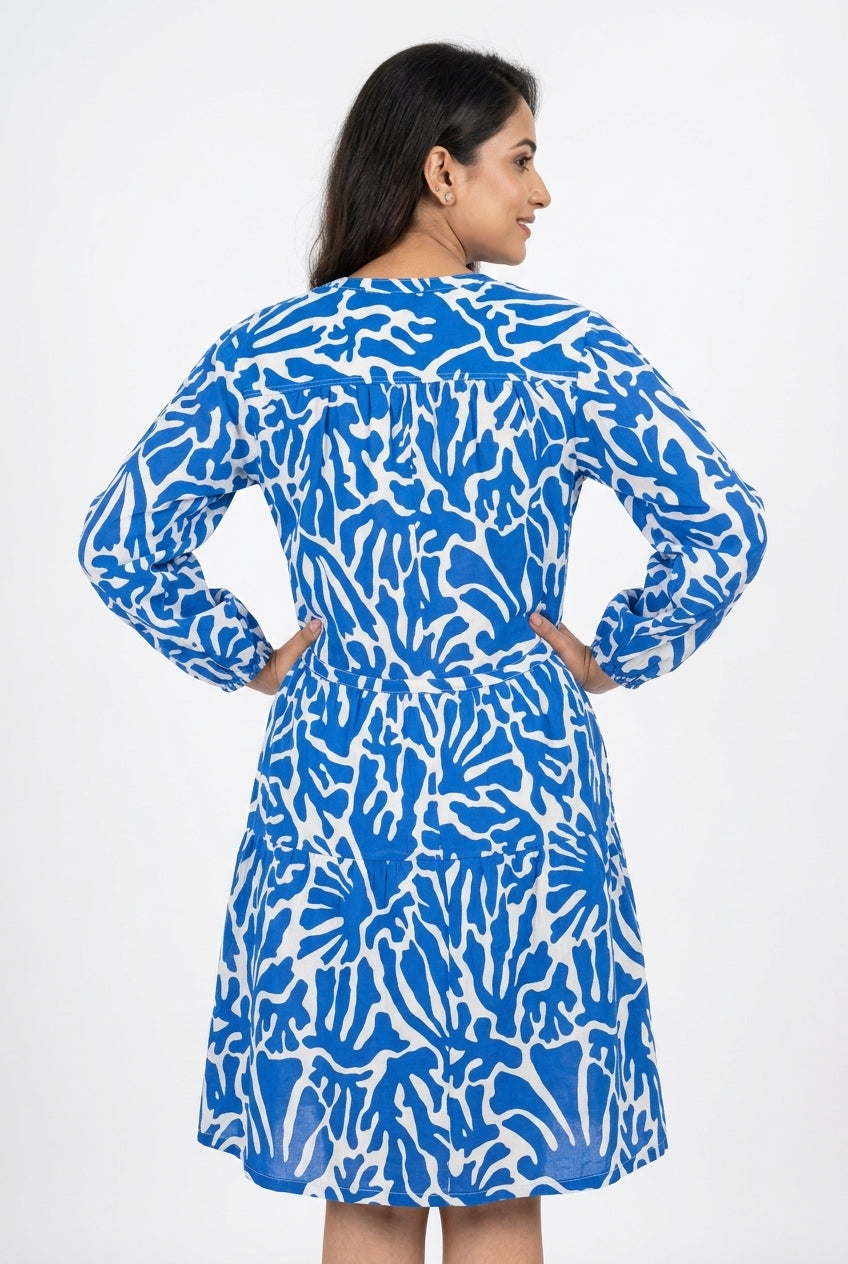 Blue Abstract Print V-Neck Relaxed Fit Dress