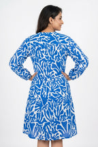 Blue Abstract Print V-Neck Relaxed Fit Dress