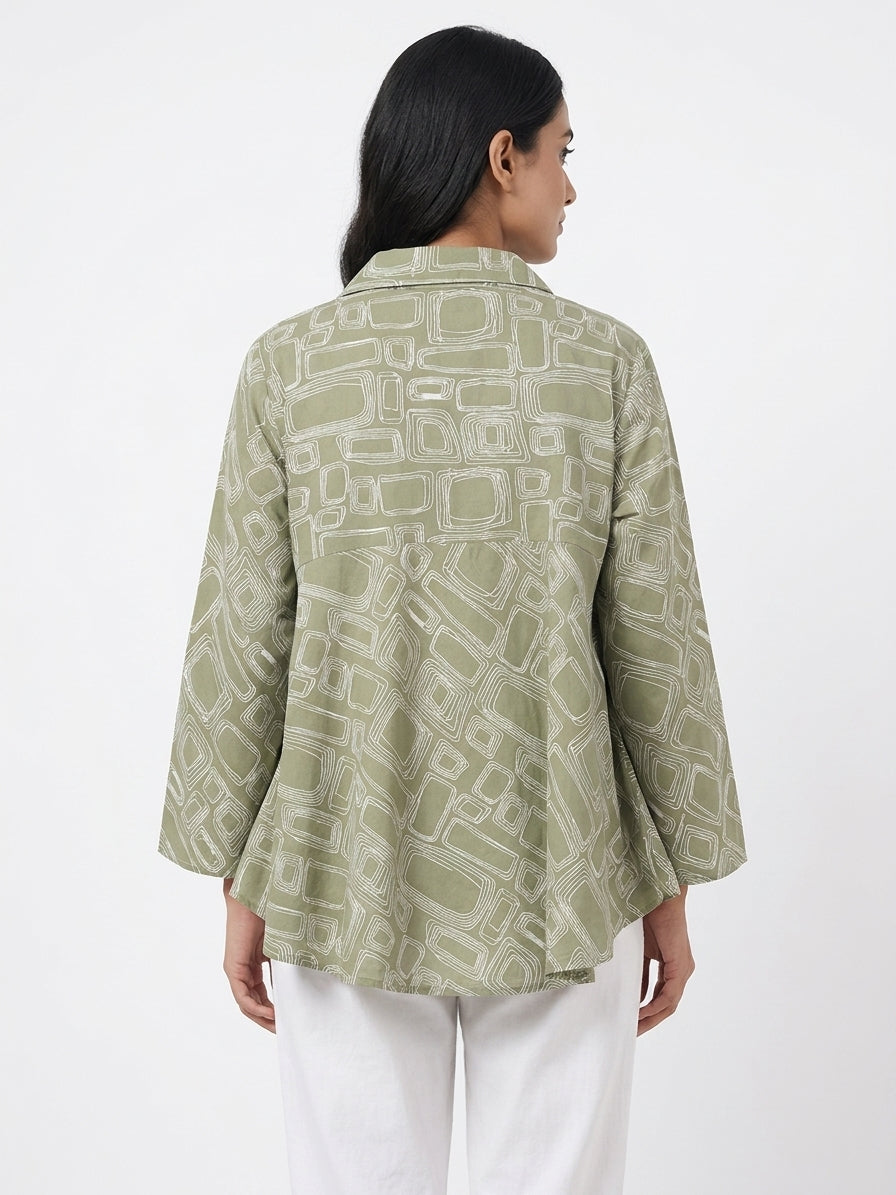 Olive Green Abstract Print Relaxed Fit Top