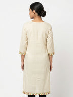 Off White Embroidered Self Design Cotton Kurti