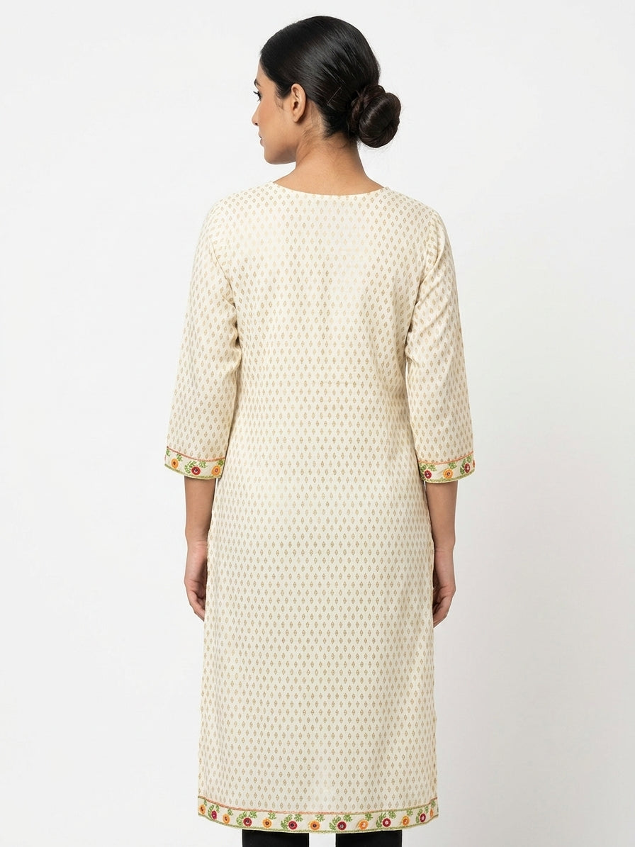 Off White Embroidered Self Design Cotton Kurti